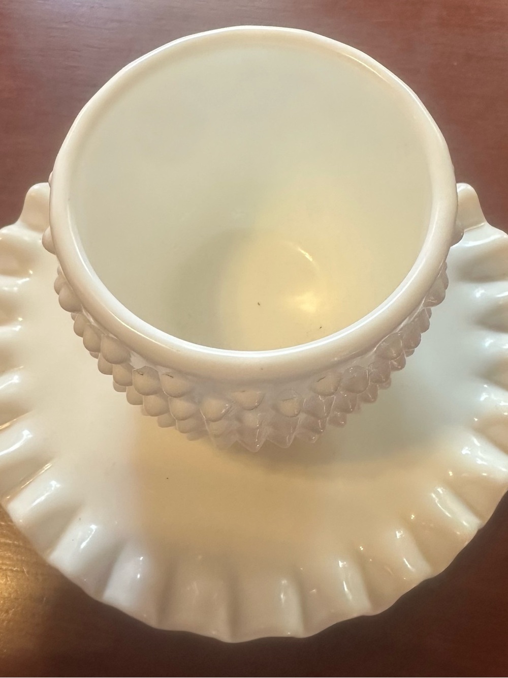 Fenton White Hobnail Sugar Bowl with Scalloped Saucer